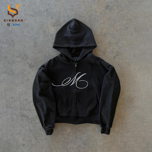 Sudadera con capucha personalizada de algodón 100% de alto gramaje para hombre, estilo urbano, con cremallera, estampado frontal, vintage, con pedrería y hombros caídos - Product Image 1