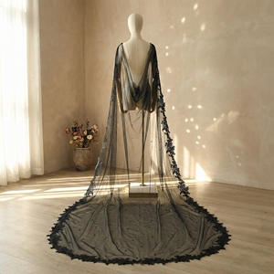 YouLaPan VG59 Capa de Lujo Elegante para Novia, de Una Sola Capa, de Malla de Seda Negra Transparente, con Encaje Bordado y Perlas, para Boda y Fiesta - Product Image 1