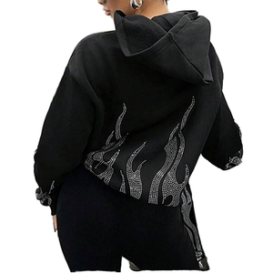 2026 New Arrival Best-Selling 3D Embroidery Rhinestone Zipper-Up Street Flame Graphic Oversized Boxy Cropped Men's Hoodie - Product Image 1