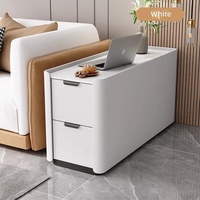 Table de chevet moderne blanche crème étroite, table de nuit mince à 2 tiroirs, armoire de rangement longue à coins arrondis, base solide