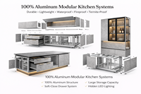 Meubles de cuisine modernes robustes en panneaux mélaminés avec éclairage LED intégré, portes en verre/acrylique, paniers de rangement, pour usage en villa