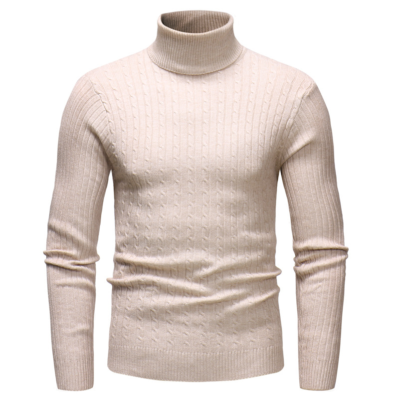 Vêtements personnalisés de pull-over extensible de couleur simple à la mode coupe ajustée pour les jeunes col roulé torsadé chandail en tricot de base pour hommes