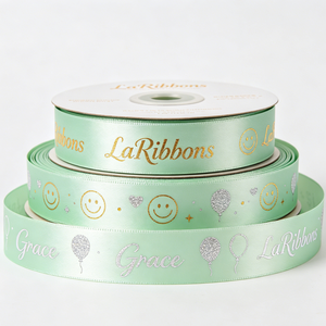Ruban gros-grain polyester/coton bleu clair 1-1/2 pouce, imprimé texte joyeux en feuille d'or, simple face, résistant au rétrécissement - Product Image 1
