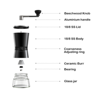 Moulin à café manuel pour usage domestique espresso conique verre haut de gamme personnalisé outils de grains de café en acier inoxydable accessoires