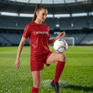 ATHLETIFY Conjunto de camiseta y pantalones cortos de fútbol para mujer, uniforme de poliéster rojo con cuello redondo y manga corta que absorbe la humedad - Product Image 3