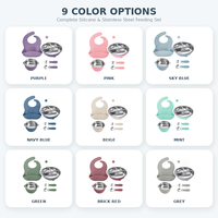 Ensemble de 5 pièces pour l'alimentation des bébés en silicone de qualité alimentaire sans BPA, 0-12 mois, assiette à ventouse, bol, bavoir, cuillère, fourchette, vaisselle pour tout-petits