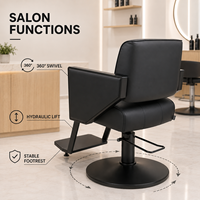 Fauteuil de Barbier de Luxe XFMC Entièrement Noir avec Cadre Métallique Noir, Chaise de Coiffure Pivotante à Levage Hydraulique pour Poste de Salon