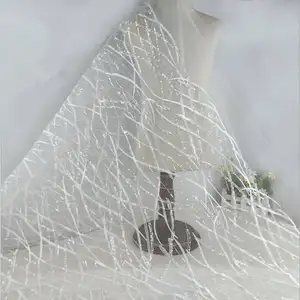 High quality fashionable mesh white sequin embroidered mesh lace wedding dress fabric