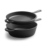 Poêle à frire en fonte à double usage, fond plat, pour steak, usage domestique, sans revêtement, épaissie et profonde, avec deux poignées, faitout avec couvercle