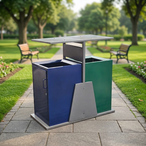 Outdoor Dual Sorting Waste <b>Bin</b> Rectangular Metal Blue Green Recycling Minimalist Style with <b>Lids</b> - Product Image 2