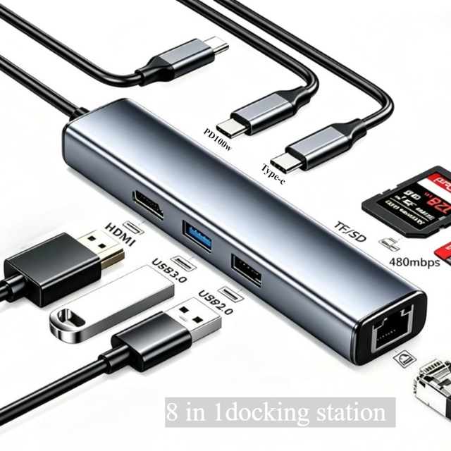Aluminum 8 in 1 USB C Docking Station 4K HDMI Ethernet RJ45 SD TF Card Reader 100W PD Hub for MacBook DSLR Camera Laptop