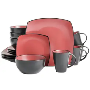 EKA Hot Selling 16 Pcs Handmade Matte Red Black Color Square Reactive Glazed Stoneware Dinnerware Set