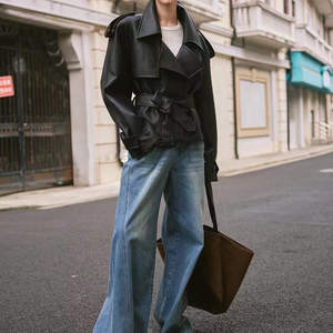 Genuine Sheepskin <strong>Mod</strong> British Lapel <strong>Jacket</strong> - 2025 Autumn Women's Oversized Tie-Waist Coat - Product Image 1