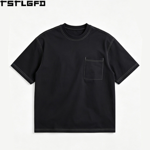 Oem Odm Contrast Stitch <b>T</b> <b>Shirt</b> Men Black Crew Neck Oversized Drop Shoulder Chest <b>Pocket</b> Streetwear Y2K Casual Wholesale Bulk - Product Image 3