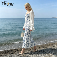 Robe longue d'été pour femme personnalisable avec imprimé floral, bretelles spaghetti, col en V, en mousseline tricotée respirante