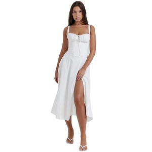Abito <span class=keywords><strong>Midi</strong></span> Estivo Chic di Alta Gamma, Stile Francese, Sexy <span class=keywords><strong>con</strong></span> <span class=keywords><strong>Spacco</strong></span> <span class=keywords><strong>Laterale</strong></span>, Stampa Tinta Unita e Decorazione <span class=keywords><strong>con</strong></span> Bottoni - Product Image 1