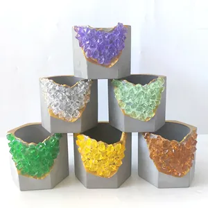 Creative Cement Flower Pot with Diamond Mini Amethyst Crystal Planter Succulents Planter Pot Purple Crystal Candle Holder