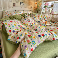 Parure de lit confortable 100 % coton avec bordure en dentelle, style frais, housse de couette et drap plat pour dortoir étudiant