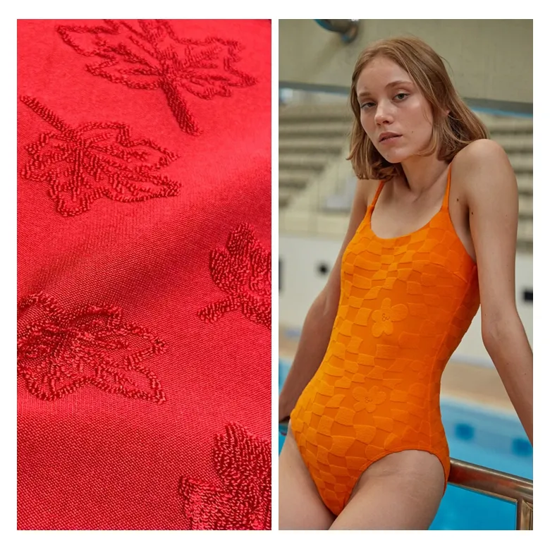 Foglia d'acero 98% poliestere 2% elasticizzato maglia broccato passante francese terry jacquard tessuto per costumi da bagno