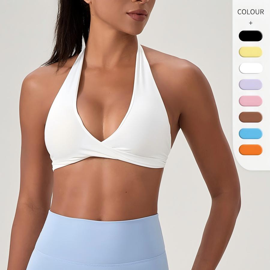 Wholesale Women's Seamless Plus Size Halter V-Neck Sports Bra Cross Front Backless Yoga Crop Top Buttery Soft Breathable Running