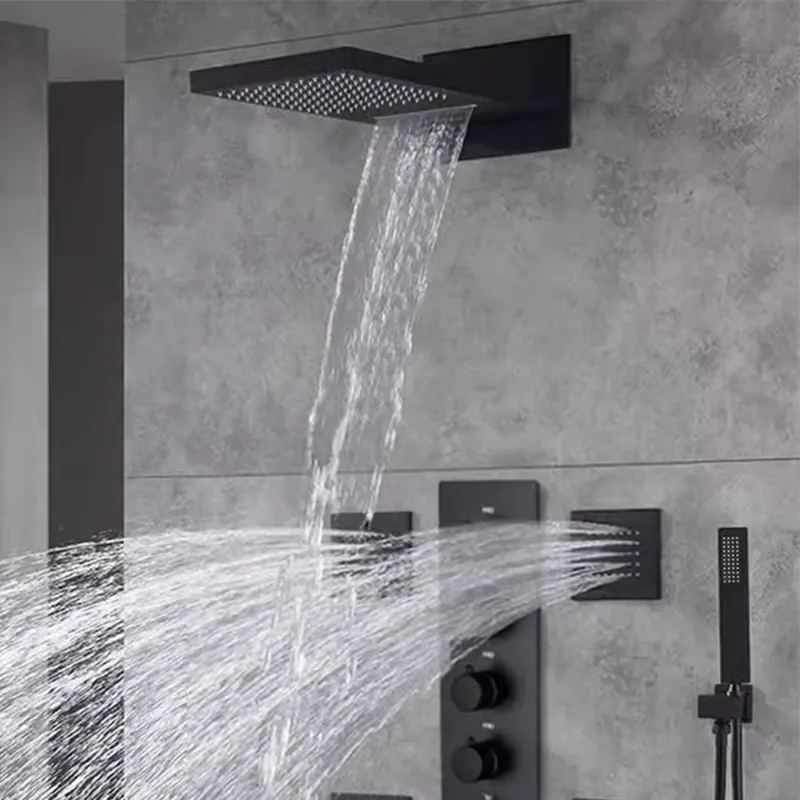 Factory Price Black Brass Bathroom Rain Shower Faucet Set Wall Mounted Bathroom Brass Shower Sets With Body Jet Massage
