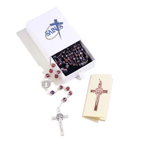 2022 Komi Wholesales Christian Purple Crystal Beads Rosary Crucifix Pendant Prayer Necklace with Custom Logo Box