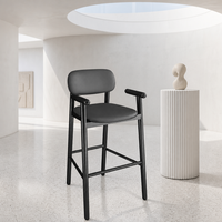 Tabouret de bar avec pieds en bois massif, assise en cuir et accoudoirs, chaise de bar pour îlot de cuisine, siège de comptoir
