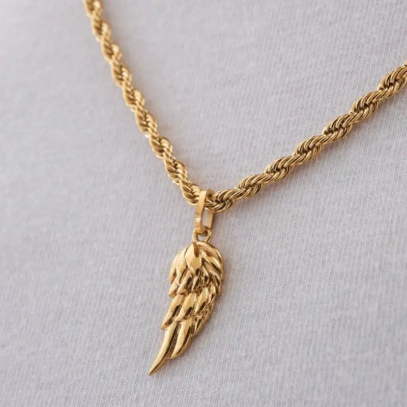 Trendy Gold Chain Special Stainless Steel Jewelry Mens Rope Chain Accessories 18K Gold Plated Feather Angel Wing Men Necklace