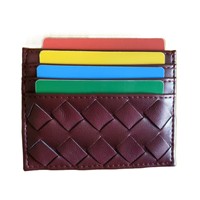 Dompet Kartu Minimalis Wanita Burgundy Tipis, Dompet Kartu Kulit PU Anyaman untuk Wanita, Produsen Dompet Kartu Mewah Wanita