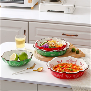 Tazón de Cerámica Floral Navideño para Ensalada, Tazón para Cena con Borde Ondulado en Relieve, Tazón Decorativo Multicolor para Servir en Fiestas Navideñas - Product Image 1