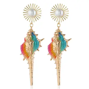 Pendientes de concha, joyería 2024, nuevo estilo, estilo bohemio, colgante de concha Natural, incrustaciones de girasol, perla, joyería de moda para mujer