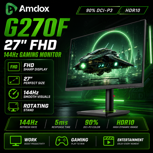 27 Inch FHD 144Hz IPS Gaming Monitor with HDR10 and 90% DCI-P3 Color Adjustable Stand