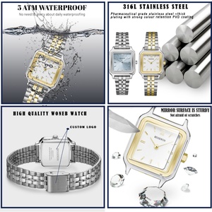 Reloj de Pulsera de Lujo para Mujer, Cuadrado, Analógico, de Cuarzo, con Esfera de Acero Inoxidable y Cristal, Correa de Cuero Dorado, Movimiento Japonés - Product Image 4