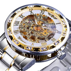 Manual Mechanical Wristwatch <b>WINNER</b> 614 With Diamond Dial and Steel Band Hollowed Out Bottom Men's Mechanical <b>Watch</b> - Product Image 3