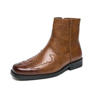 Botas vaqueras de hombre con cremallera lateral, tacón bajo, bordado y detalles de costura, estilo cowboy - Product Image 5