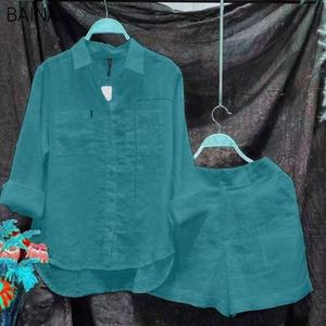 Ensemble deux pièces pour femmes, chemise à manches longues en coton et lin de couleur unie, avec short court, pour l'été - Product Image 4
