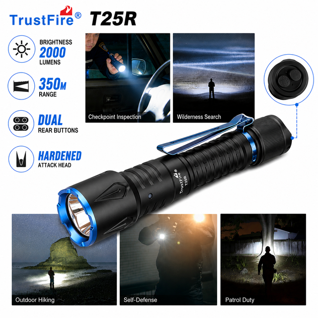 T25R Professional Industrial Aluminum 2000LM Rechargeable Tactical Flashlight Type-C Dual Switch One-Touch Strobe Powerful Guard