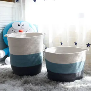 Striped storage basket with cotton rope handles collapsible laundry organizer