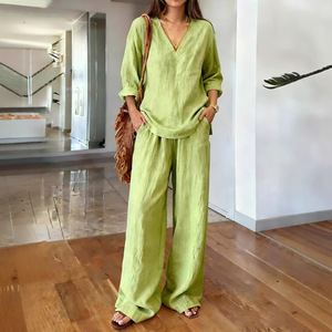 Ensemble décontracté pour femme, col en V, manches longues, pantalon, coton lavé, couleur unie, tailles S-6XL, Europe et Amérique, vente transfrontalière - Product Image 3