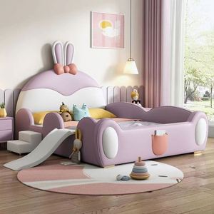 Pink Cartoon <b>Rabbit</b> Princess Slide <b>Bed</b> Solid Wood Frame Cotton Upholstery Guardrail Fun Slide Kids Bedroom - Product Image 2