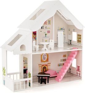 Set <span class=keywords><strong>Giocattolo</strong></span> Educativo in Legno 2-in-1 con Casa a Due Piani e 8 Pezzi di Mobili per Bambini Unisex, Fatto a Mano - Product Image 1