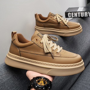 Sneakers plateforme en cuir noir pour homme, chaussures décontractées à lacets antidérapantes et résistantes à l'usure - Product Image 3