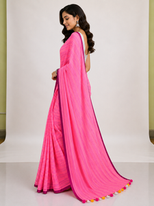 Sari de Algodón Mul Rosa Premium para Mujer con Elegante Patrón de Tejido a Rayas, Tela de Algodón Suave y Transpirable, y Diseño Clásico - Product Image 1