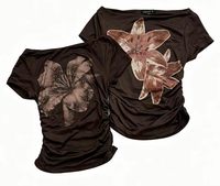 T-shirt ajusté vintage Y2K pour femme, avec applique florale en strass et maille, manches courtes, froncé sur les côtés, coupe slim, haut décontracté et tendance pour femme