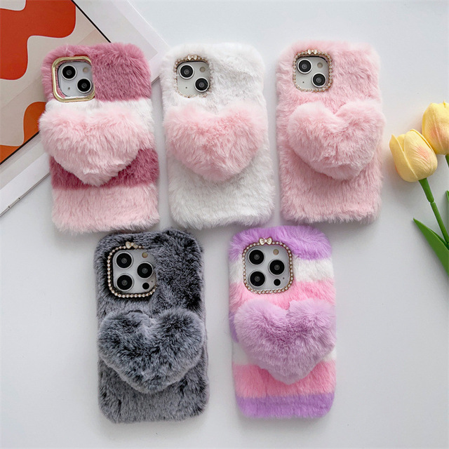 Update 2026 Cute Warm Plush 3D Heart Fur Warm Soft Plush Phone Case for iPhone 17 Pro Max 17 Air 16 Back Cover