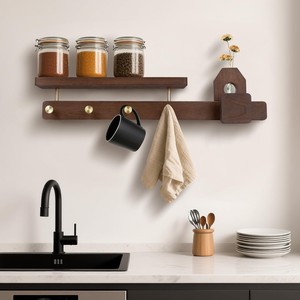 Wooden Wall Mounted Spice Rack Solid Wood Storage <b>Shelf</b> For Kitchen With <b>Hooks</b> And <b>Shelf</b> Punch Free Lacquered Finish - Product Image 1
