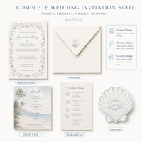 Suite d'invitations de mariage sur le thème de l'océan personnalisée, papier fantaisie, détails estampés à chaud, inserts de style plage, enveloppe premium