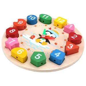 Montessori giáo dục đồ chơi đạo cụ mô hình chim cánh cụt Đồng hồ đồ chơi thời gian giảng dạy số câu đố xếp chồng bằng gỗ đồng hồ giảng dạy