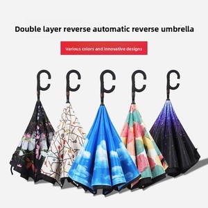 Parapluie inversé à long manche en fibre de carbone semi-automatique double usage pour les jours ensoleillés et pluvieux, utilisation en voiture, cadeaux d'affaires, design vintage - Product Image 3