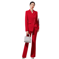 Ensemble tailleur pantalon et blazer pour femme, coupe droite, anti-plis, grande taille, en tissu peigné, col en V, pour le bureau et les affaires
